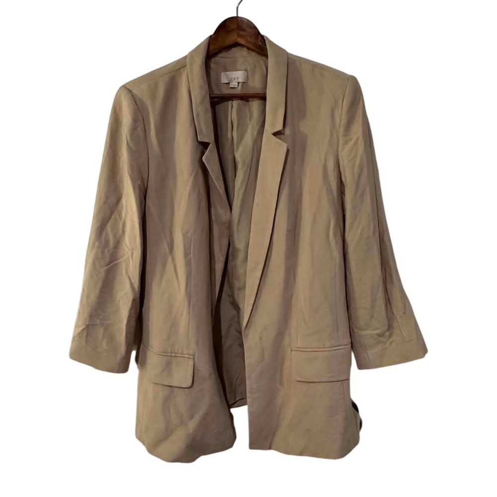 Loft Open Front Blazer Womens 14 Tan Beige‎ Excellent 3/4 Sleeve Longline Jacket